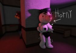 3d baseball_bat bench beret blush breasts covering_vagina coyote duo eyelashes filip_(piggy) hiding nikkipickle nude panda pandy_(piggy) piggy_(game) shaking stairs