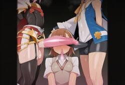 1futa 2femboys ai_generated astolfo_(fate) balls before_sex bridget brown_hair condom condom_in_mouth crossover femboy futanari guilty_gear hand_on_another&#039;s_head misaka_mikoto penis penis_covering_eyes testicles to_aru_majutsu_no_index toaru_majutsu_no_index tomboy xaiet