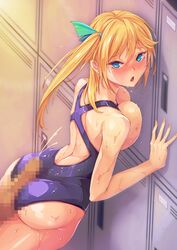 1boy against_locker aqua_ribbon ass bangs bare_shoulders blonde_hair blue_eyes blush breasts breasts_out censored cum earrings eyebrows_visible_through_hair female hair_between_eyes hair_ribbon jewelry large_breasts locker locker_room long_hair looking_at_viewer mosaic_censoring open_mouth original penis purple_swimsuit rebe11 ribbon shiny shiny_skin side_ponytail sidelocks sunset swimsuit wet