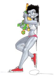 barefoot black_hair black_hair_female brandilyn_oduya breasts brown_eyes curled_hair curly_hair dark-skinned_female dark_skin nipples nipples_visible_through_clothing paul_taylor sharp_teeth smile sneakers solo solo_female solo_focus squirt_gun teeth teeth_visible wapsi_square webcomic webcomic_character white_background
