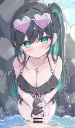 1boy ahoge bar_censor bare_shoulders bikini black_bikini black_hair blush breasts censored cleavage colored_inner_hair commentary_request eyewear_on_head female frilled_bikini frills green_eyes green_hair halterneck handjob heart heart-shaped_eyewear highres jewelry large_breasts long_hair looking_at_viewer mikaze_oto misuzu_(mikaze_oto) motion_lines multicolored_hair necklace o-ring o-ring_thigh_strap original penis pov side-tie_bikini_bottom smile solo_focus streaked_hair swimsuit textless_version thigh_strap two-tone_hair wet
