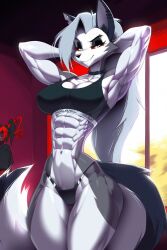 1girls abs ai_generated bare_arms bare_legs bare_shoulders bare_thighs big_breasts blacked blacked_clothing clothed clothing color female female_focus female_only fit_female furry furry_female gigiti hellhound helluva_boss hi_res large_breasts long_hair looking_at_viewer loona_(helluva_boss) muscles muscular muscular_female red_eyes solo solo_female sports_bra sweat thick_thighs white_hair wolf wolf_ears wolf_girl wolf_tail