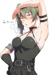 armpits bare_shoulders belt black_belt black_gloves breasts commentary_request eitopondo female gloves green_hair hair_between_eyes heavy_breathing highres hot medium_breasts purple_eyes side_ponytail simple_background single_glove solo sousou_no_frieren sweat ubel_(sousou_no_frieren) white_background