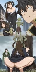 1girls 2boys 2koma abs ai_generated ass back_view before_and_after big_ass big_butt black_hair brown_eyes brown_hair bulge bulge_through_clothing clothed clothed_female clothing eyes_rolling_back fingering_pussy front_view goblin goblin_male green_eyes green_skin grin head_grab hentai4life_ hidden huge_ass huge_butt implied_fellatio implied_oral implied_penetration implied_sex kazayama_kizuna kimono light-skinned_female light_skin looking_at_viewer looking_pleasured looking_up naughty_face no_panties novelai pale-skinned_female pale_skin pleasure_face pussy_juice pussy_juice_drip rolling_eyes six_pack size_difference smaller_male sneaky squatting standing sweat sweatdrop sweating taller_female tate_no_yuusha_no_nariagari the_rising_of_the_shield_hero thighs tree waving wet yellow_eyes