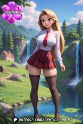 1girls ai_generated big_thighs blonde_female blonde_hair eroticprimeai female forest gold_hair green_eyes patreon_username puffy_pussy rapunzel rapunzel_(tangled) school_uniform schoolgirl schoolgirl_uniform skirt stockings stomach_bulge tangled tangled:_the_series white_body white_skin