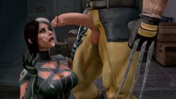 1boy 3d after_sex black_hair breasts cleavage cum cum_in_mouth cum_on_breasts cum_on_face cum_on_tongue female green_eyes highres large_breasts light-skinned_female light-skinned_male light_skin marvel multicolored_hair non-web_source one_eye_closed open_mouth rogue_(x-men) short_hair tongue_out white_hair wolverine_(x-men) x-men