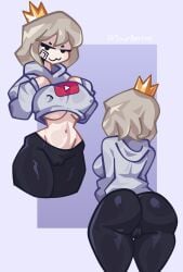 bandage_on_face big_ass big_breasts black_pants cameltoe crown different_angle female female_focus female_only grey_hoodie hoodie lunagd multiple_views nipple_bulge platinum_blonde_hair short_hair smug tight_clothing tight_fit yoga_pants