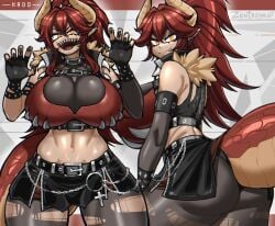 1girls ass big_ass big_breasts breasts busty cleavage clothing ear_piercing earrings female female_only horns huge_ass huge_breasts large_breasts looking_at_viewer looking_back midriff navel piercing red_hair sharp_fingernails sharp_teeth smile solo tail thick_thighs thunder_thighs virtual_youtuber wide_hips yellow_eyes zentreya zentreya_(dragon) zzzhodazzz