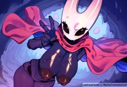 ai_generated anthro areola black_body black_eyes breasts cape clothing curvy_figure female gigantic_breasts hollow_knight hollow_knight:_silksong hornet_(hollow_knight) huge_breasts insect_girl insectoid nipples peace_sign puffy_nipples red_cape sweating voluptuous waifucrematorium