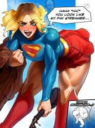 1girls alcohol blonde_female blonde_hair blue_eyes blush blushing_female breasts clothed clothed_female clothing dc dc_comics dialogue drunk drunk_blush drunk_bubble drunk_female female kara_danvers kara_zor-el meme muscular muscular_female muscular_thighs northernlion skirt solo solo_female sotcho supergirl superheroine superman_(2025) superman_(series) text thick_thighs thighs