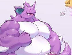1boy bara belly claws dogoronumber3 english_commentary erection fangs fat furry furry_male grey_background holding holding_pendulum hypno hypnosis male_focus mind_control navel nidoking nipple_stimulation nipple_tweak open_mouth pendulum penis pokemon pokemon_(species) tail