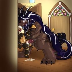 absurd_res against_surface against_wall anthro arthropod bee belly big_belly big_tail bodily_fluids bookshelf brown_body brown_fur claws cookie_run cookie_run_kingdom cum cum_drip cum_inside dark_body dark_cacao_cookie dark_fur dialogue door dragon dripping dripping_pussy drooling duo excessive_cum excessive_genital_fluids female floor food from_behind_position fur furniture furred_dragon furred_scalie genital_fluids genitals held_up hi_res highlights_(coloring) holding_leg honey_(food) horn hymenopteran inflation insects knot knotted_penis male male/female motion_lines mythological_creature mythological_scalie mythology open_mouth overweight paws penis plurralluv pure_vanilla_cookie saliva scalie scar sex size_difference speech_bubble spread_legs spreading stained_glass steamy_breath stinger tail text tile tile_floor trans_(lore) transparent_belly vase vulva white_highlights