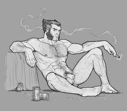 1boy abs arm_hair arm_on_knee armpit_hair balls ballsack bara bearsketch beefy beer beer_can body_hair chest_hair cigarette dark_hair erect_nipples facial_hair feet flaccid flaccid_penis foreskin full_body grass hairy hairy_balls hairy_feet hairy_hands hairy_male hirsute intact james_howlett leaning_on_object leaning_on_table logan_(x-men) looking_at_viewer male male_focus male_nipples male_only manly marvel marvel_comics masculine mature_male monochrome muscular muscular_male mutant mutton_chops nipples nude nude_male outdoors pecs penis pubes pubic_hair scrotum shiny_skin sideburns sitting smoke smoke_trail smoking solo solo_focus solo_male soul_patch spread_legs stubble suggestive tablecloth testicles thick_eyebrows toes treasure_trail uncut unretracted_foreskin veiny_penis wolverine_(x-men) x-men yaoi