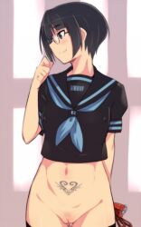 barcode barcode_tattoo black_eyes black_hair blush body_writing bottomless command_spell female female_pubic_hair glasses heart_tattoo leg_tattoo navel pubic_hair pubic_tattoo pussy pussy_juice school_uniform serafuku short_hair smile solo stomach_tattoo tattoo thighhighs