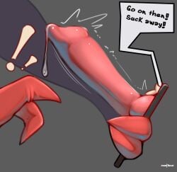 animal_genitalia animal_penis anthro balls bandai_namco bodily_fluids canine_genitalia canine_penis clothing digimon digimon_(species) duo electronics genital_fluids genitals gloves handwear hi_res impmon jarlium knot male penis phone portal precum solo text through_screen