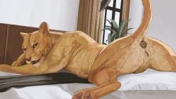 anatomically_correct anatomically_correct_anus anatomically_correct_genitalia anatomically_correct_vulva animal_genitalia anus ass bed cosmiclife felid feline feline_genitalia female feral fur furniture genitals hi_res lion looking_at_viewer looking_back looking_back_at_viewer lying lying_on_bed mammal on_bed on_front orange_body orange_fur pantherine pawpads presenting presenting_anus presenting_hindquarters raised_tail solo solo_focus tail vulva
