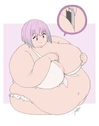bbw belly_overhang big_belly big_breasts bob_cut breasts chubby_face cleavage cleavage_storage double_chin fat fat_folds female flabby_arms frilly_bikini jeetdoh lavender_hair looking_at_chest looking_down magenta_eyes obese obese_female obese_human overweight overweight_female overweight_human shinjou_akane smartphone ssss.gridman white_bikini