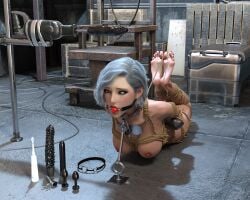 1female 1girl 3d arms_behind_back ball_gag barefoot basement bell_collar bondage bound_arms bound_feet bound_legs bound_toes bound_wrists captive chained chained_to_floor collar collar_chain crying crying_with_eyes_open dildo fear feet female female_only gag gagged gagged_female gray_hair harness_ball_gag harness_gag helpless hogtie hogtied indoors kidnap kidnapped mittens naked naked_female nude nude_female original original_character restrained restrains ring_gag rope_bondage rope_harness scared scared_expression sex_machine sex_toy soles stone_floor strawww tagme tied_hands toothbrush white_hair worried worried_expression