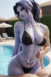 1girls 1man ai_generated black_bikini dubious_consent from_behind inminent_rape inminent_sex overwatch pool purple_hair purple_skin widowmaker yellow_eyes