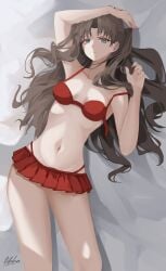 1girls arm_above_head arm_up armpit armpit_crease armpit_peek armpits bare_armpits bare_arms bare_belly bare_chest bare_hands bare_legs bare_midriff bare_navel bare_shoulders bare_skin bare_thighs belly belly_button bikini bikini_bottom bikini_only bikini_top blue_eyes blue_eyes_female breasts brown_eyebrows brown_hair brown_hair_female collarbone curtained_hair digital digital_art digital_drawing digital_drawing_(artwork) digital_media digital_media_(artwork) elbows exposed_armpits exposed_arms exposed_belly exposed_chest exposed_legs exposed_midriff exposed_navel exposed_shoulders exposed_skin exposed_thighs fate/grand_order fate_(series) female female_focus female_only fingernails fingers frown frown_eyebrows frowning frowning_at_viewer grey_background hairless_armpits halterneck hand_above_head hand_up head_tilt high_resolution highres lean_figure li_kha long_hair looking_at_viewer lying lying_down lying_on_back medium_breasts midriff nail_polish nails narrow_waist navel on_back one_side_up parted_bangs red_fingernails red_nail_polish red_nails red_red_fingernails red_red_nail_polish red_red_nails ribs shaved_armpits shoulders simple_background sitting slender_body slender_waist slim_waist solo string_bikini swimsuit swimwear thick_thighs thighs tilted_head tohsaka_rin upper_body white_background wide_hips
