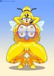 2025 absurd_res antennae_(anatomy) anthro arthropod big_breasts black_hair blonde_hair blue_eyes bodily_fluids bodysuit boots bouncing_breasts breasts camel_toe clothing crouching curvy_figure drooling fan_character female flashpointgear footwear genital_outline genitals goldie_the_wasp hair hi_res high_heeled_boots high_heels hourglass_figure huge_breasts hymenopteran insect_wings insects latex latex_bodysuit latex_clothing latex_skinsuit latex_uniform meatcorp military_uniform mind_control multicolored_hair plump_labia saliva sega shoes skinsuit solo sonic_the_hedgehog_(series) thick_thighs tight_clothing two_tone_hair uniform vulva vulva_outline wasp wide_hips wings yellow_bodysuit yellow_clothing yellow_latex yellow_skinsuit