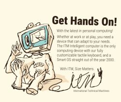 advertisement animate_inanimate anthro breast_grab breast_play breast_rest breasts computer computer_monitor computer_mouse desk disembodied_hand electronics english_text female furniture hand_on_breast legless living_machine machine office restricted_palette simple_background solo table tan_background text woodhouse3d