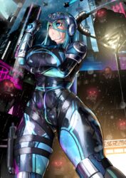 1futa arm_under_breasts ball_bulge balls balls_under_clothes blue_eyes bodysuit breasts bulge curvy cyberpunk flaccid futa_only futa_sans_pussy futanari gun highres intersex large_breasts penis penis_bulge penis_under_clothes rain solo standing turquoise_hair yana_(nekoarashi)