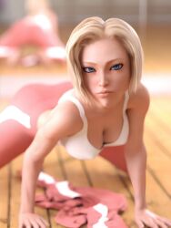 3d all_fours blonde_hair blue_eyes blur_censor blurry blurry_foreground bokeh breasts cleavage depth_of_field female figure foreshortening lips medium_breasts motion_blur nose photo_(medium) photorealistic pov realistic solo tank_top