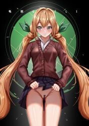 100_kanojo 1girls black_background blush blush_face blushing_female blushing_lines breasts brown_eyebrows brown_eyes brown_eyes_female brown_hair brown_hair_female cleft_of_venus dark_background digital digital_art digital_drawing digital_drawing_(artwork) digital_media digital_media_(artwork) embarrassed embarrassed_expression embarrassed_female exposing exposing_pussy exposing_self female female_focus female_only fingers green_hair_ribbon green_hair_tie green_ribbons groin gui_li hair_between_eyes hair_ribbon hair_tie high_resolution highres hourglass_figure inda_karane inguinal_crease inguinal_ligament lean_figure lips long_hair medium_breasts narrow_waist pussy pussy_lips ribbon shiny_hair shiny_legs shiny_skin shiny_thighs showing_pussy simple_background skirt_lift skirt_lifted_by_self slender_body slender_waist slim_waist solo standing thick_thighs thigh_gap thighs upper_body very_long_hair very_long_hair_female vulva vulva_line wide_hips