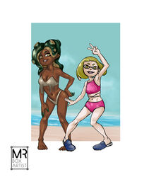 2girls big_eyes bikini breasts cleavage dark-skinned_female dark_skin marina_(splatoon) mrboxartist multiple_girls pearl_(splatoon) short_hair splatoon splatoon_2