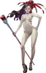 artist_request bad_source belladonna_(crystal_maidens) black_hair blood breasts collar colored_inner_hair colored_skin crystal_maiden_(series) dress female full_body game_cg grey_skin groin hat high_heel_sandals holding multicolored_hair navel nipples nude oerba_yun_fang official_art panties purple_hair pussy red_dress red_eyes red_nails sandals solo transparent_background underwear vampire variant_set