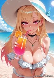 1girl 2026 ai_generated anime bangs beach bikini black_choker blonde_hair blush boobs breasts choker cleavage collarbone crossover cup day drink drinking drinking_glass drinking_straw ear_piercing earrings eye_contact female female_focus flushed food frilled_bikini frills fruit gradient_hair hat highres holding holding_cup huge_breasts jewelry kitagawa_marin large_breasts long_hair looking_at_viewer marin_kitagawa midriff multicolored_hair my_dress_up_darling navel necklace nsfw ocean orange_(fruit) outdoors patreon piercing pink_eyes pink_nails rognezart sky smile smiling solo sono_bisque_doll_wa_koi_wo_suru sun_hat sweat sweaty swimsuit very_long_hair white_bikini