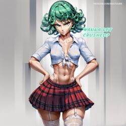 ai_generated dominant_female female green_eyes insult noctzurn one-punch_man school_uniform schoolgirl small_breasts smaller_female tatsumaki text tsundere