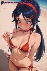 1girls ai ai_assisted ai_generated anime arm_behind_back artist_name bare_arms bare_shoulders beach bikini black_hair blue_hair blush breasts breasts_apart choker closed_mouth collarbone cowboy_shot day dibzprintz female hair_ornament hairband hairclip halterneck hi_res high_quality high_resolution highres long_hair looking_down low_twintails medium_breasts miside mita_(miside) navel ocean outdoors parted_bangs patreon_logo patreon_username red_bikini red_choker red_eyes red_hairband sand side-tie_bikini_bottom solo standing stomach strap_pull string_bikini sweat swimsuit twintails water watermark web_address