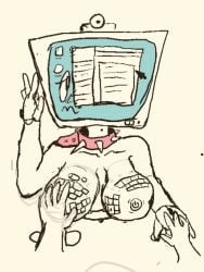 animate_inanimate anthro blush breast_grab breast_rest breasts computer computer_monitor computer_mouse computer_virus_(species) desk disembodied_hand duo electronics english_text female furniture hand_holding hand_on_breast living_machine machine male objectum office restricted_palette simple_background solo table tan_background text typing woodhouse3d