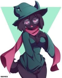 black_hair breasts colored_skin deltarune female female_ralsei glasses green_scarf green_skin hat medium_breasts open_mouth pink_scarf ralsei ralsei_with_black_fur scarf short_hair smile solo sweater toby_fox undertale_(series) witch_hat