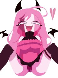 :d ^_^ bat bat_wings closed_eyes colored_skin demon_girl demon_tail demon_wings female head_wings heart long_hair open_mouth pink_hair sarvente_(dokki.doodlez) skirt smile solo spread_legs tail thigh_strap thighhighs wings