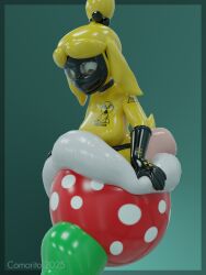 anthro isabelle_(animal_crossing) piranha_plant hazmat_suit rubber latex rubber_suit latex_suit skintight_clothing skinsuit soft_vore oral_vore struggling feet_first sucking female plant gloves lips plant_vore