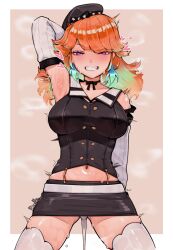 arm_behind_back arm_up bare_shoulders black_ribbon black_skirt black_trim border brown_background choker cum cumdrip detached_sleeves female grin highres hololive hololive_english legs_apart long_sleeves looking_at_viewer midriff miniskirt open_mouth orange_hair purple_eyes rat_huang ribbon ribbon_choker shiny_skin skirt smile solo steaming_body sweat sweaty_armpits takanashi_kiara teeth thighhighs twitching very_sweaty virtual_youtuber white_border white_sleeves white_thighhighs zettai_ryouiki