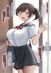 :d aikawa_kasumi_(temakizushi) bag black_sailor_collar black_skirt blue_bag bow bowtie breasts buttons collarbone commentary_request day female hair_ornament hairclip hand_up highres holding holding_bag indoors large_breasts looking_at_viewer medium_hair miniskirt open_mouth original pleated_skirt ponytail red_bow red_bowtie sailor_collar school_bag school_uniform serafuku shirt short_sleeves skirt smile solo standing temakizushi_(temakizushisand) thighs translation_request waving white_shirt