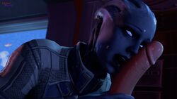 1boy 1girls 3d alien asari bioware blue_eyes blue_skin cosmicnoctis fellatio hand_on_penis liara_t'soni licking_penis mass_effect mass_effect_3 oral penis tongue_out