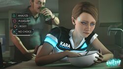 1boy 1girls 3d android android_girl bent_over blue_eyes bowl brown_hair clothed clothed_female clothing collared_shirt detroit:_become_human emotionless english_text erection expressionless female from_behind gameplay_mechanics hud imminent_sex indoors kara_(detroit:_become_human) kitchen looking_forward male penis shiftop short_hair short_sleeves source_filmmaker submissive submissive_female table text uniform video_games white_clothing