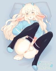 1boy animal_ears anus blonde_hair blue_eyes erection femboy girly hooves horns long_hair magical_ondine male penis solo stockings sweater tail testicles thighhighs