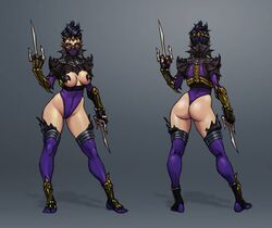 2d armed armor artist_request ass back_view cleavage_cutout crown dual_wielding female front_view gauntlets hair_bun masked mileena mortal_kombat no_shoes sai_(weapon) skimpy thighhighs unconvincing_armor weapon weapons