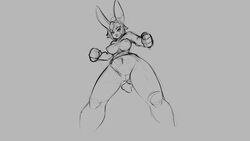 16:9 2018 anthro breasts female fist grey_background hair hi_res lagomorph leporid looking_at_viewer low-angle_view mammal monochrome navel nipples pussy rabbit short_hair simple_background solo watsup wide_hips worm's-eye_view