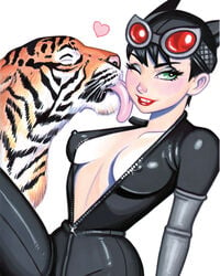 1girls batman_(series) catwoman cleavage covered_nipples dc_comics erect_nipples erect_nipples_under_clothes female female_focus female_only goggles goggles_on_head green_eyes heart looking_at_viewer one_eye_closed open_shirt red_goggles scott_blair selina_kyle solo source_request tiger unzipped unzipped_bodysuit wink