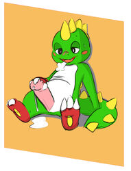 blush bub bubble_bobble cum dragon hi_res lizard male male_only masturbation penis reptile scalie solo sweat sweatdrop tweecredo video_games