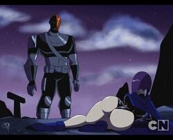 1boy 1girls ass big_ass big_butt bubble_butt cartoon_network color colored dat_ass dc dc_comics deathstroke edit female frostbiteboi large_ass lying male marvel_reference purple_hair rachel_roth raven_(dc) rogue_dat_ass_(meme) screencap screenshot short_hair slade_wilson teen_titans toonami