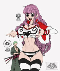 1girls bimbo black_and_white_panties black_legwear black_panties breasts cleavage curvy female gothic_lolita hair highres hourglass_figure large_breasts legwear long_hair male one_piece panties perona pink pink_hair roronoa_zoro striped striped_legwear striped_panties suprised sword text thegoldensmurf thick_thighs thighs tight_clothes translated twintails undersized_clothes underwear white white_panties white_striped_panties wide_hips