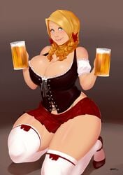 beer beer_mug big_breasts blonde blonde_hair breasts cleavage female hijabolic hourglass_figure huge_breasts human presenting solo tagme thick_thighs voluptuous wide_hips